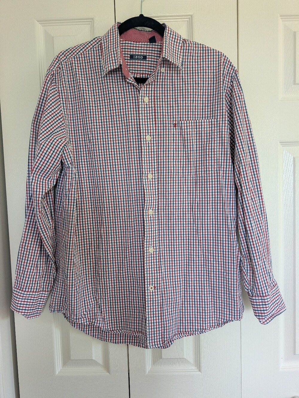 Izod Men’s Plaid Check Button-Down Dress Shirt | Med | Red White & Blue